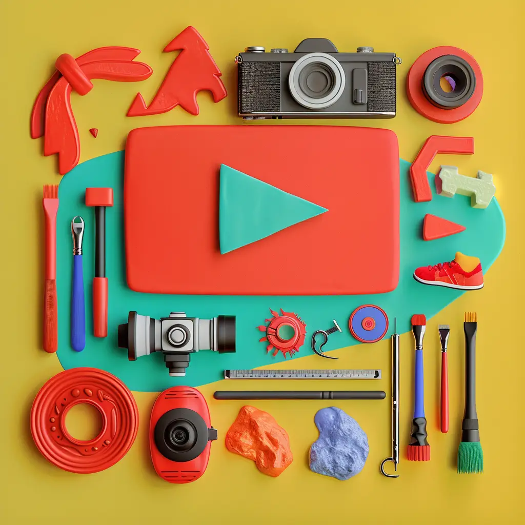 youtube play button surrounded by crafting tools cameras etc modelling clay effect, bright and bold colours