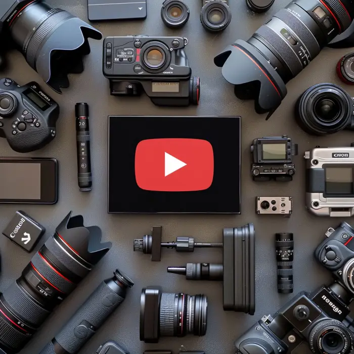 youtube play button surrounded by cameras amnd filming equipment