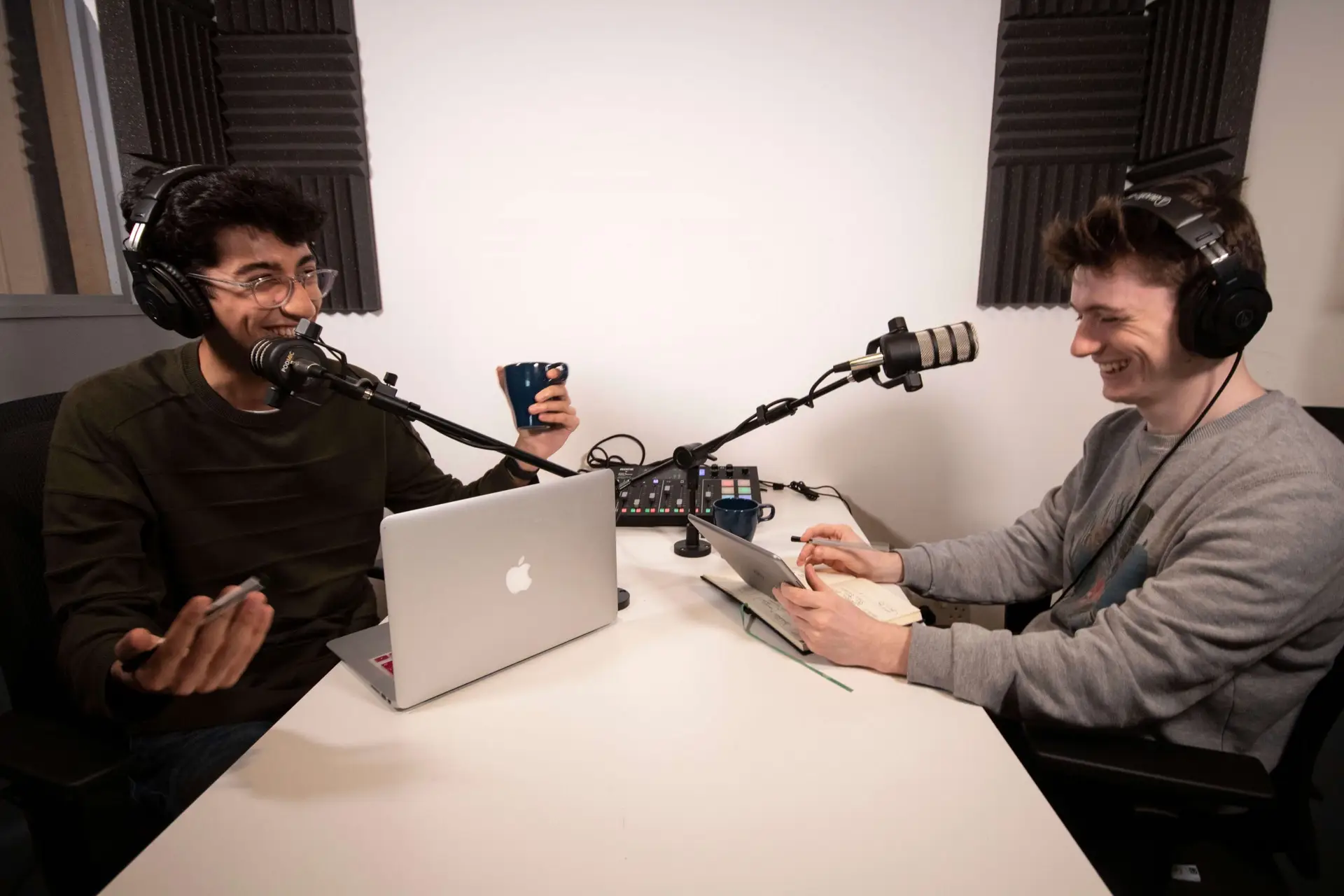 2 young guys podcasting in studio