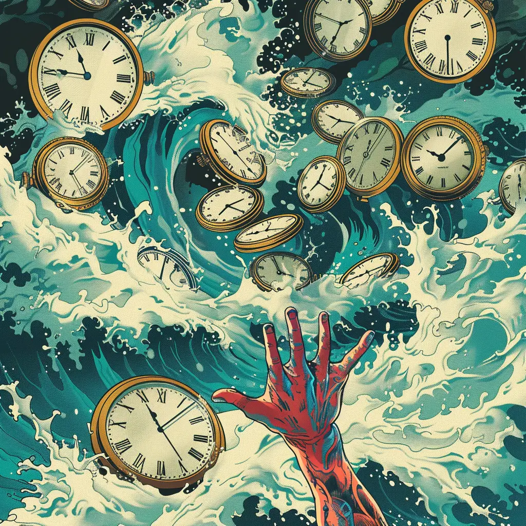 an ocean made up of clocks with a hand of a drowning person reaching up out of the ocean of clocks for help retro illustrated comic style