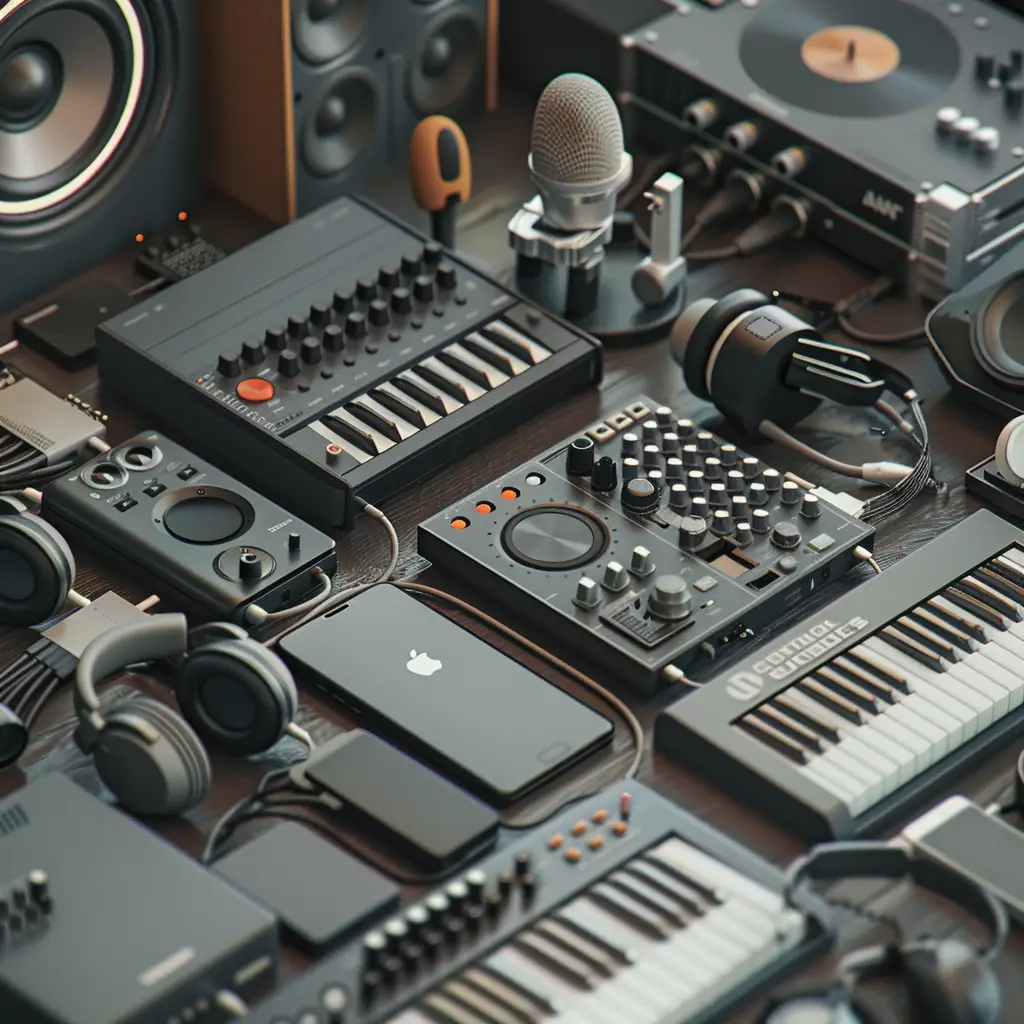lots of podcasting gear on a table in neat rows