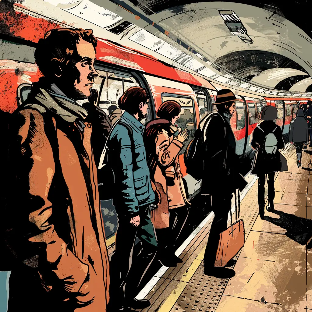 commuters on the london underground retro illustration comic style