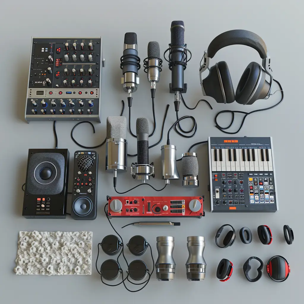retro looking podcast and audio recording gear displayed on a table