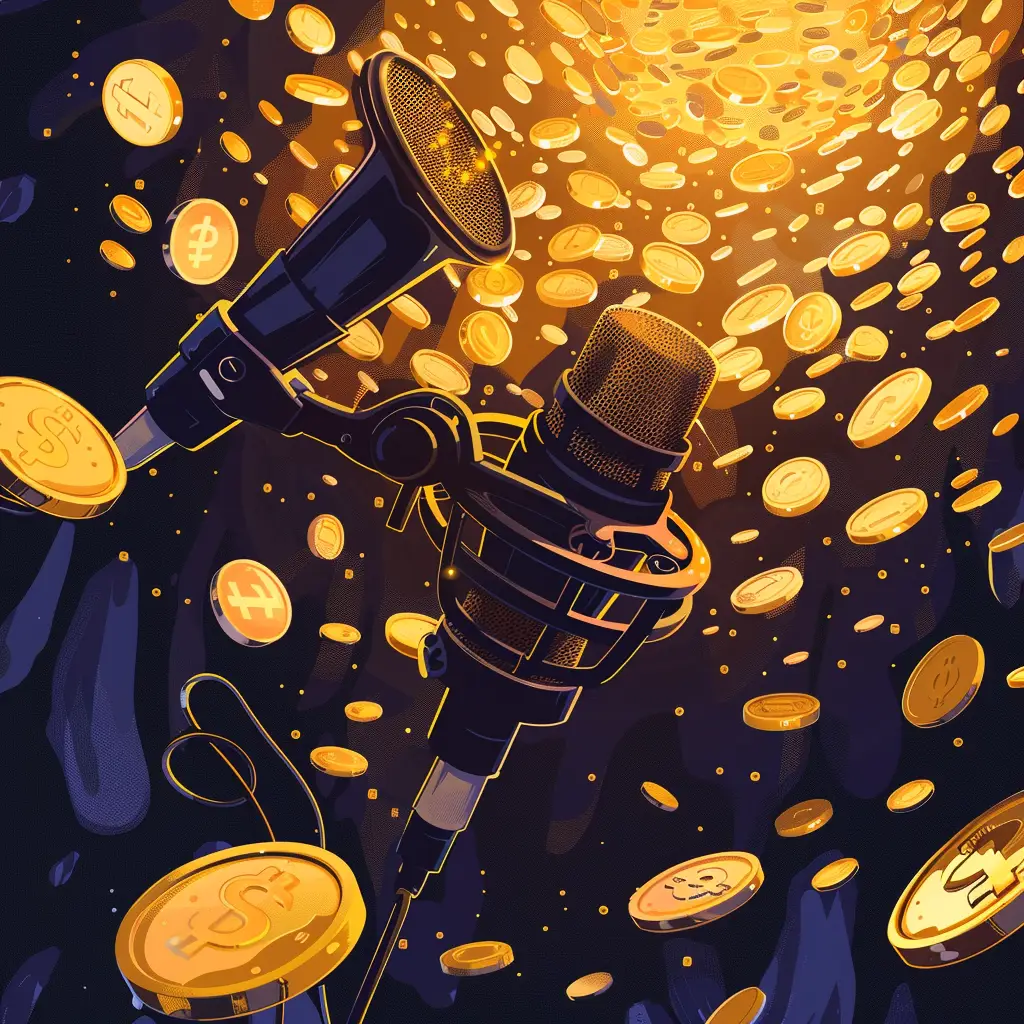 podcast equipment being showered with gold coins illustration