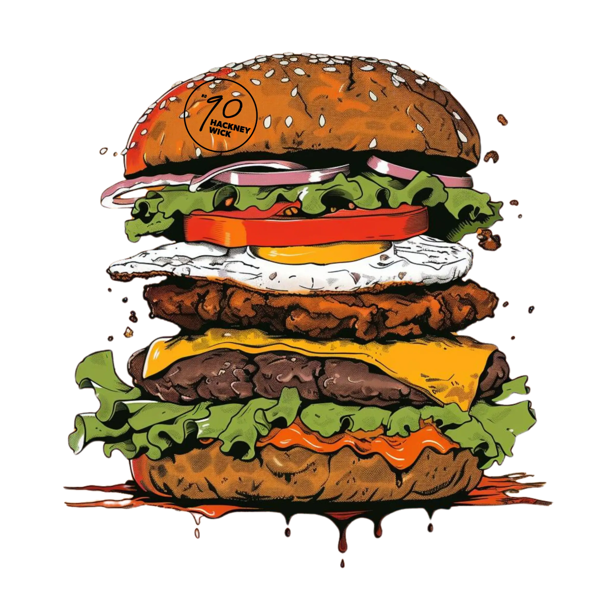 Street art style burger illustration from No90 Hackney Wick