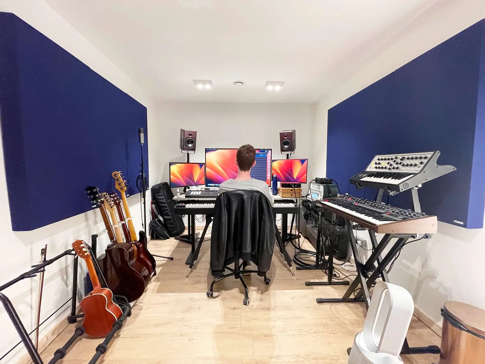 Private and secluded soundproof music production studio in London's Mainyard Studios, featuring state-of-the-art technology.