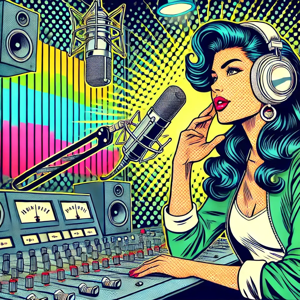Retro comic book-style illustration of a confident woman in a soundproof podcasting studio. She’s wearing headphones and speaking into a professional microphone, with colourful sound waves radiating outward. The studio features acoustic panels and audio equipment like mixers. The bold colour palette includes bright aqua green, soft cream, neon pink, electric blue, and bright yellow, creating a vibrant, dynamic scene with halftone shading and thick, dramatic outlines.