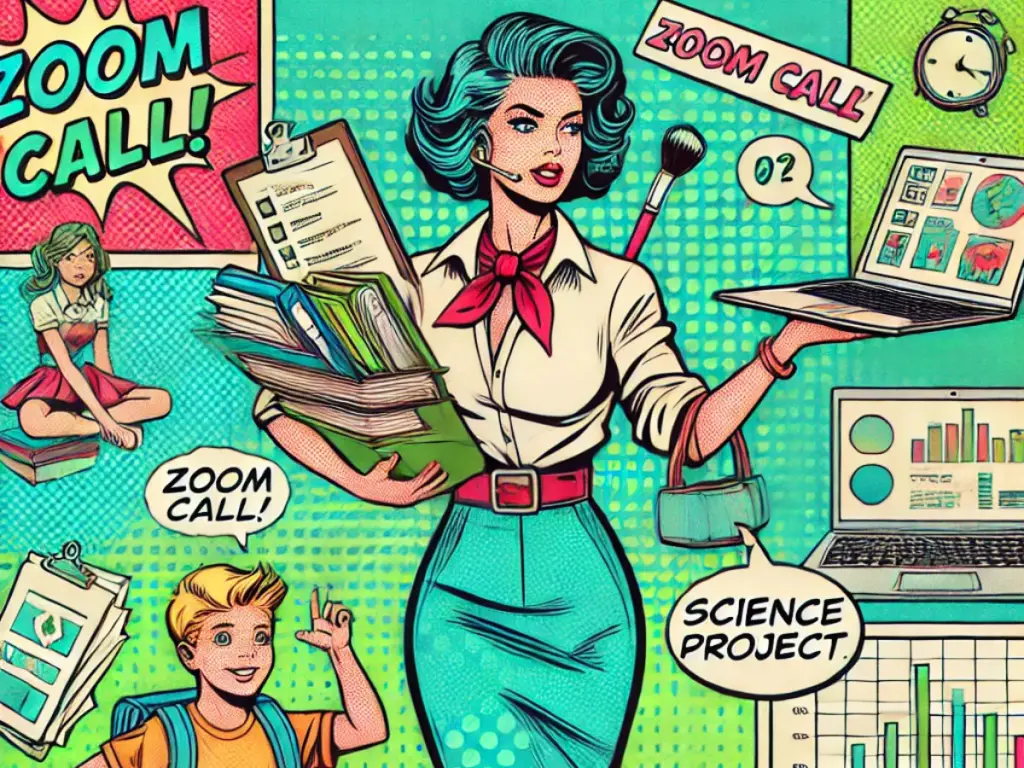 A retro comic book style illustration of a woman juggling a laptop, papers, and a lunchbox while holding a young child’s hand. A 12-year-old stands beside them with a backpack and a science project. The background shows chaotic school supplies and speech bubbles like “Zoom Call!” and “Science Project!” The scene captures the chaos of balancing work and parenting.