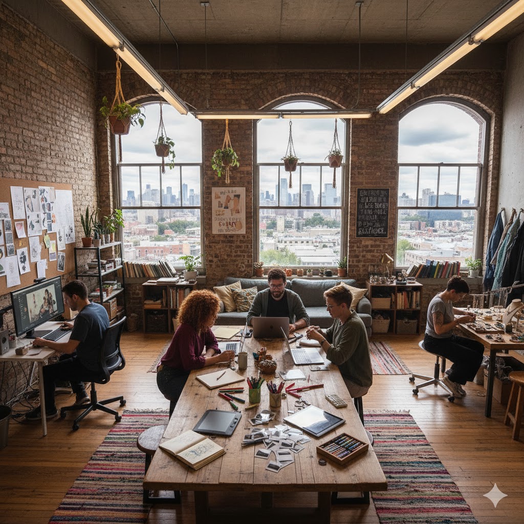 reelancer's creative studio with essential features: large monitor for design work, podcast mic, natural light, and organization shelves.