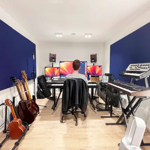 Private and secluded soundproof music production studio in London's Mainyard Studios, featuring state-of-the-art technology.